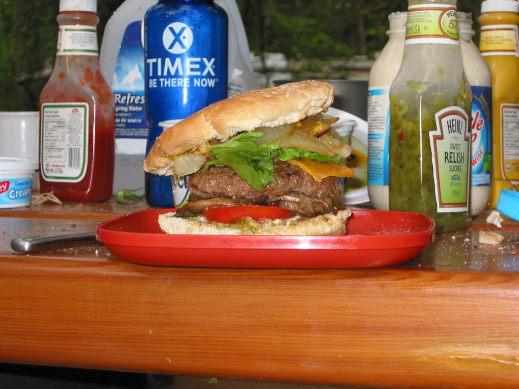A delicious camping hamburger