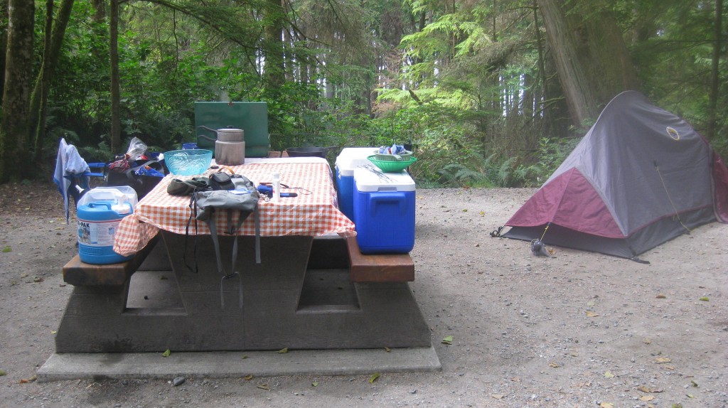 Coolers on a picnic table and a tent in background 