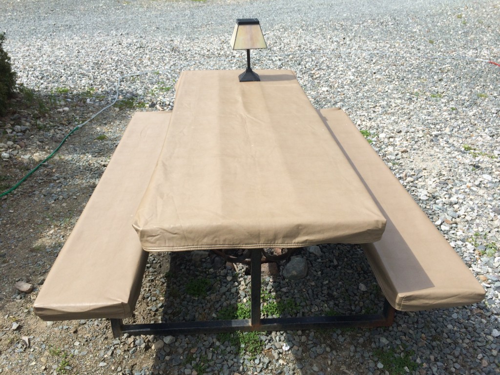 Table cloth and lamp on picnic table