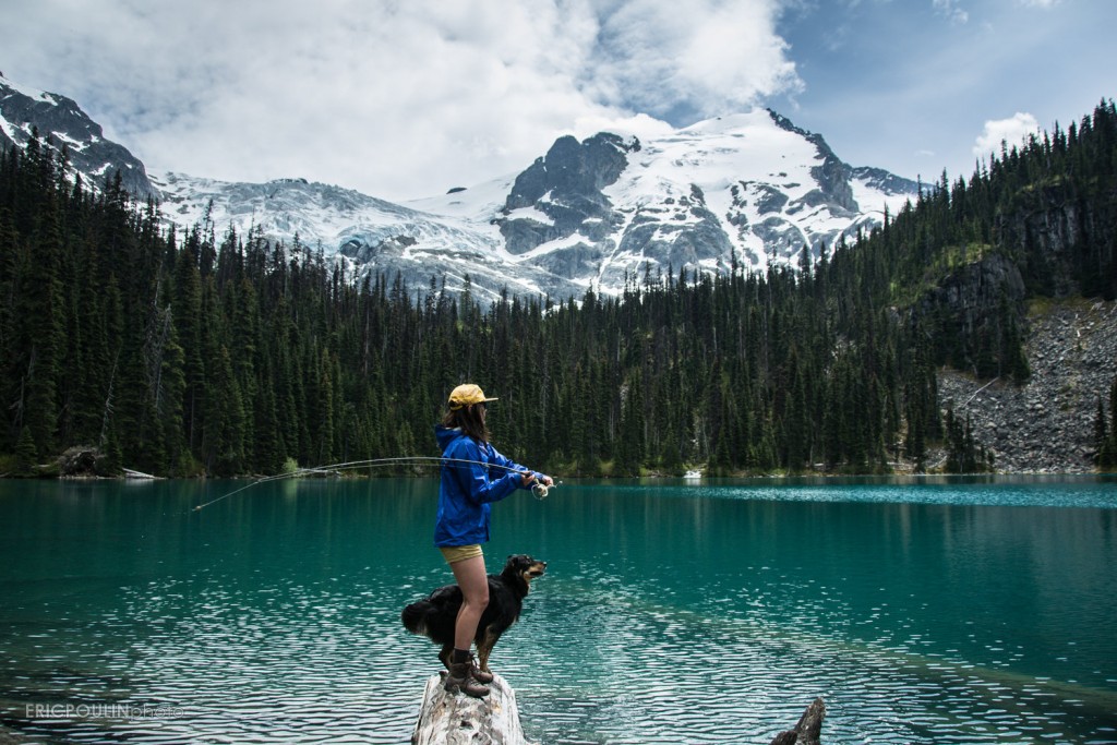 Sara stops for a fishing break at the second lake while Tiva intently looks on.